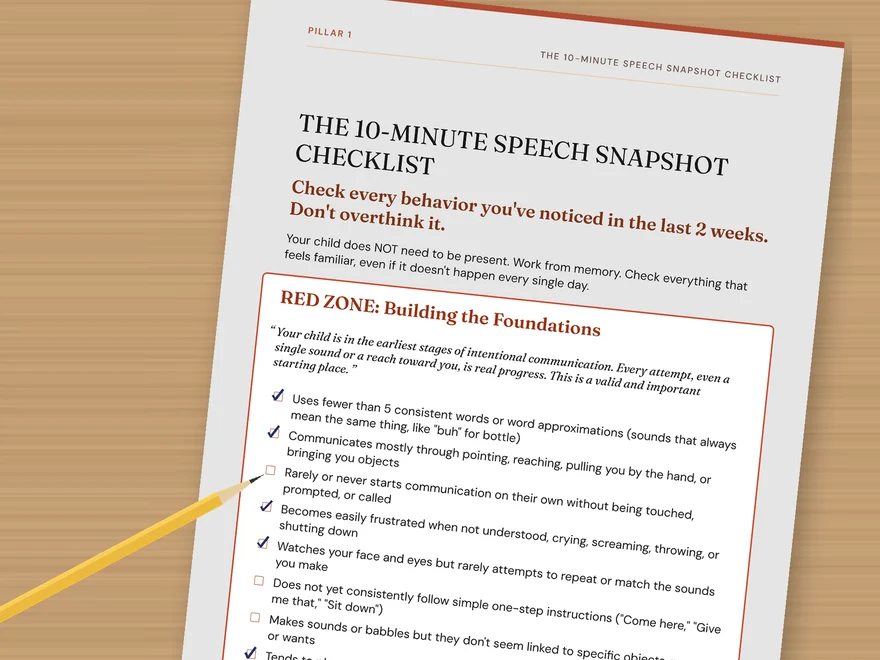 The Speech Snapshot checklist on a kitchen table, five boxes ticked, with a pencil beside it