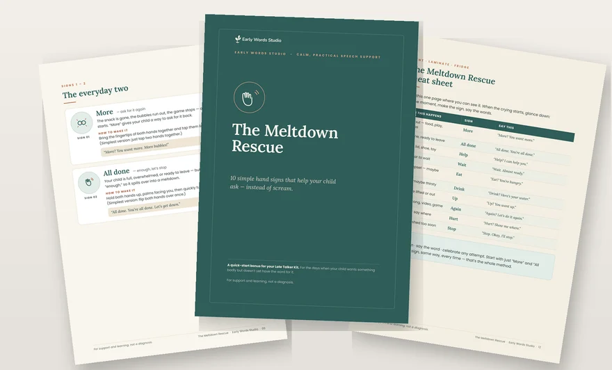 Three pages of The Meltdown Rescue: the cover, the More and All done sign cards, and the fridge cheat sheet